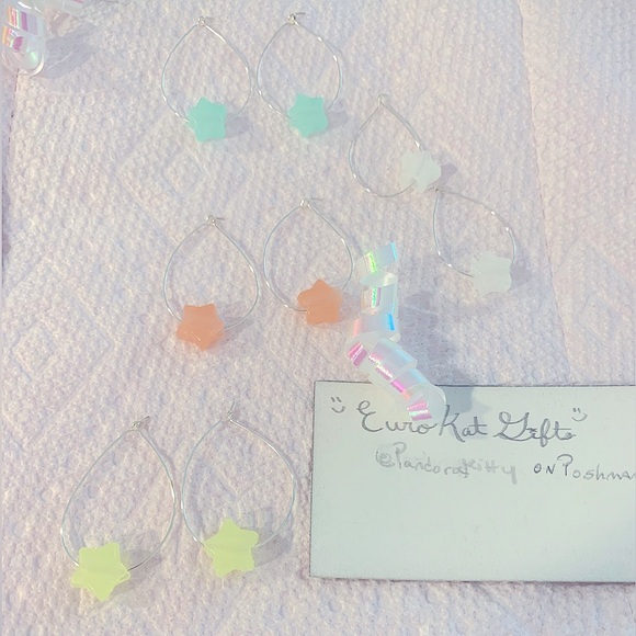 HANDMADE Teardrop Hoop Earrings Sterling Silver Luminous Star bead yello… - Picture 3 of 10